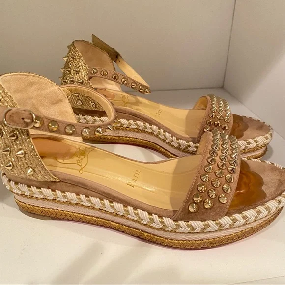 ❤️ Sold Christian louboutin Madmonica Espadrilles Wedge Sandals Spike Gold - Picture 4 of 14